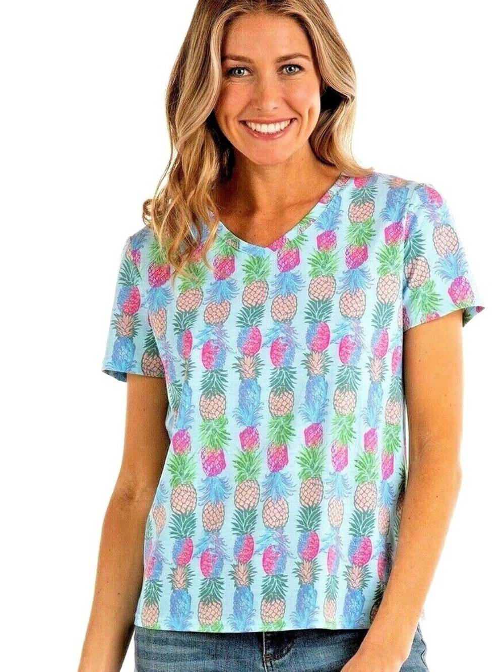Fresh Produce NWT Pineapple Crush V-Neck Tee Shirt Seaglass Blue Size Medium